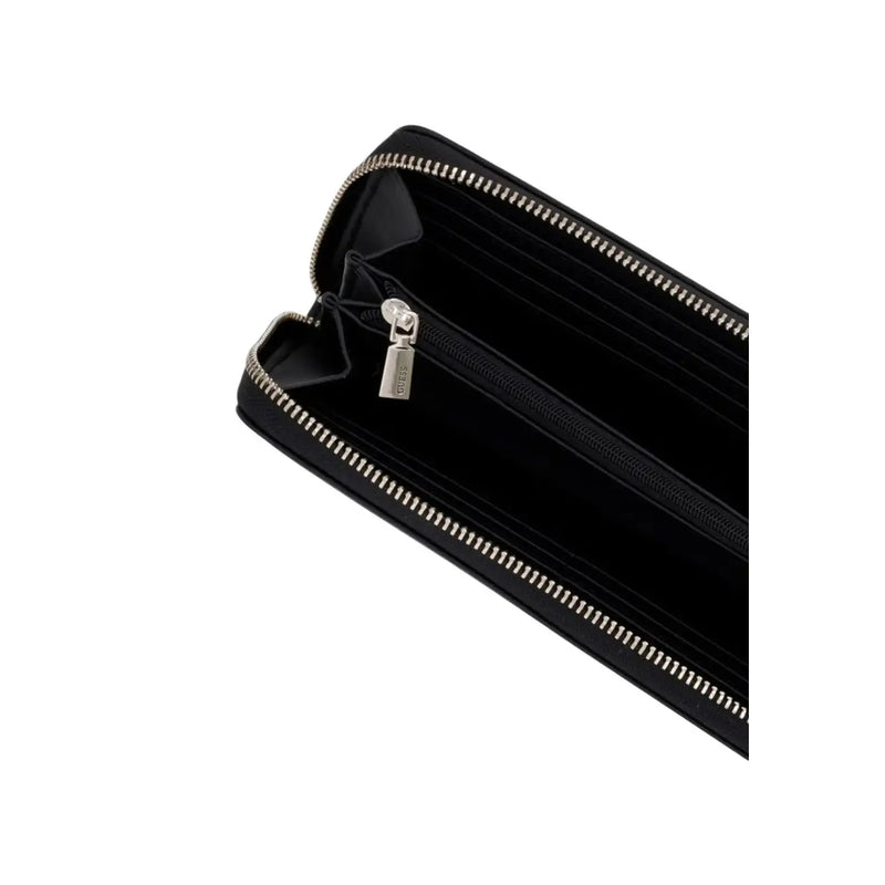 Schwarzes Leder Guess Große Lucci-Geldbörse mit umlaufendem Reißverschluss, silberfarbenem Reißverschluss und Zipper, 20 cm breit, aus Polyurethan