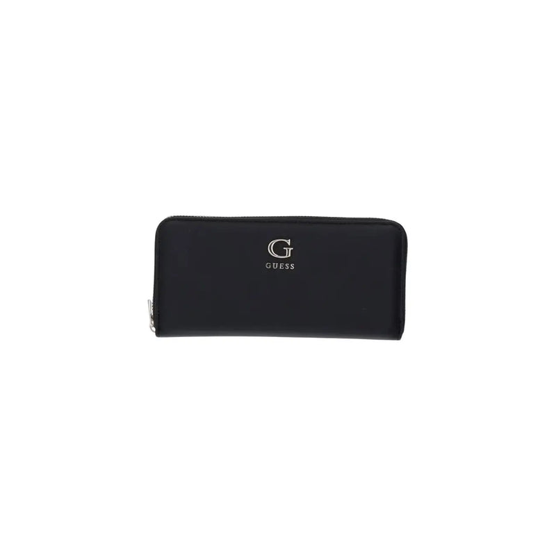 Schwarz Guess Große Damen-Geldbörse mit Reißverschluss aus Polyurethan, elegantem, minimalistischem Design und dezentem, silberfarbenem Logo-Prägemuster auf der Vorderseite