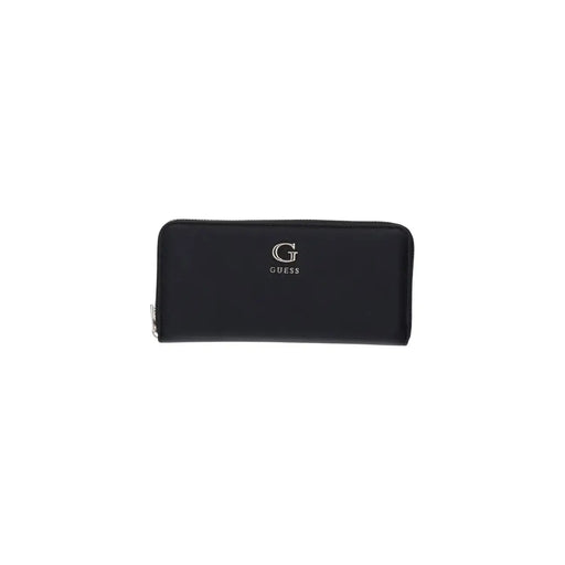 Schwarz Guess Große Damen-Geldbörse mit Reißverschluss aus Polyurethan, elegantem, minimalistischem Design und dezentem, silberfarbenem Logo-Prägemuster auf der Vorderseite