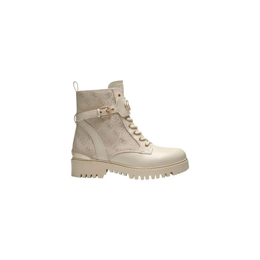 cremefarben Guess Weiße Damenstiefel aus Polyester und Polyurethan mit dezentem Logomuster und goldfarbenen Schnallen.
