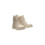 Cream-colored Guess women white combat boots in polyester polyurethane with embossed pattern and gold-tone buckle accents