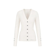Ein cremefarbener guess Weiße Damen-Strickjacke aus Viskose mit langen Ärmeln, V-Ausschnitt und silbernen Knöpfen auf der Vorderseite