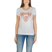 White cotton elastane round neck short sleeve Guess t shirt with triangular floral and geometric logo in pink red and beige tones
