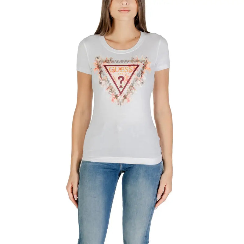 White cotton elastane round neck short sleeve Guess t shirt with triangular floral and geometric logo in pink red and beige tones
