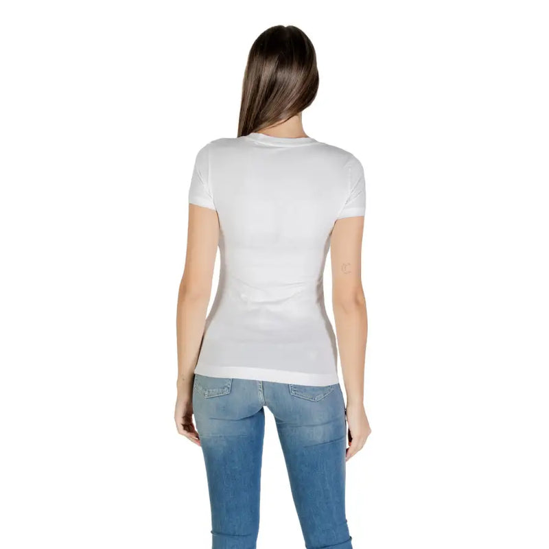 Guess women white cotton elastane fitted round neck short sleeve t shirt front view with short sleeves