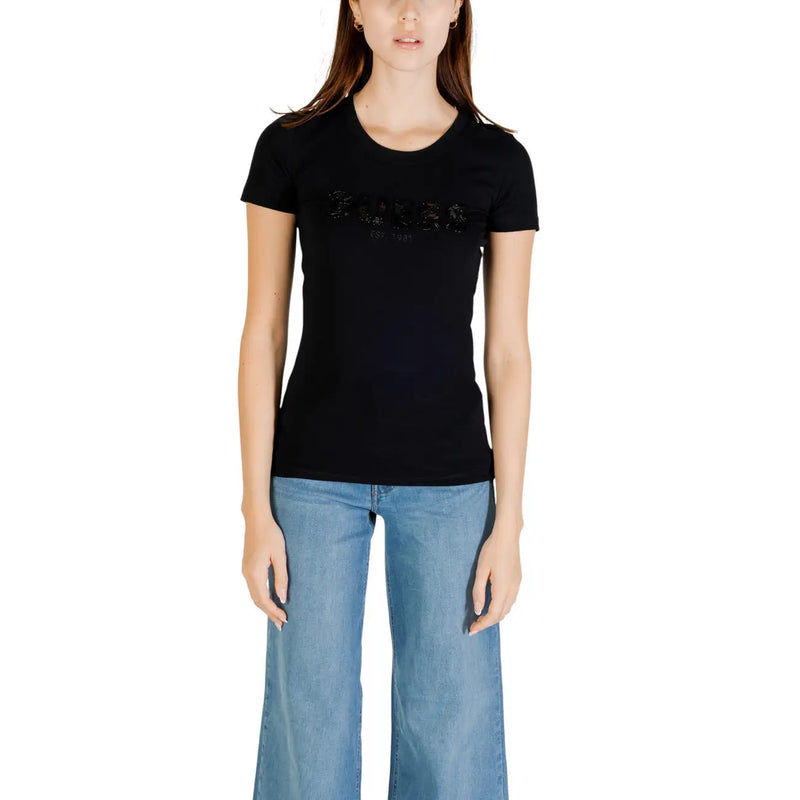 Schwarzes kurzärmeliges Baumwollhemd t-shirt mit Pailletten hugo Logo quer über die Brust in einem guess Damen weißes Baumwoll-T-Shirt mit Logo und Pailletten