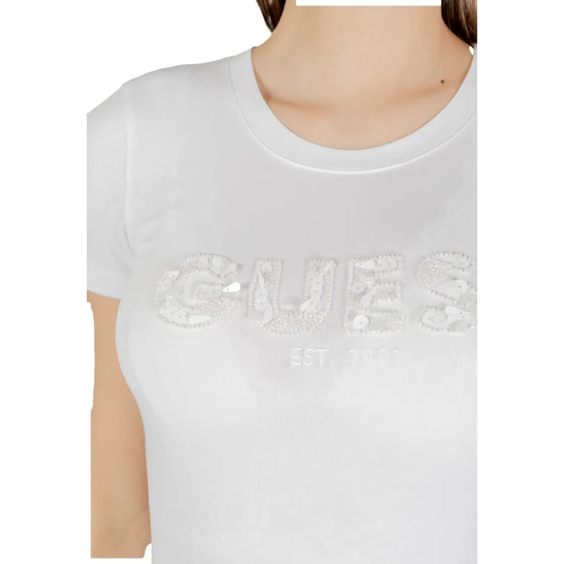 Guess Weißes, kurzes Damen-T-Shirt aus Baumwolle mit funkelndem Pailletten-Guess-Logo und dem Aufdruck „est“ für lässige Kleidung