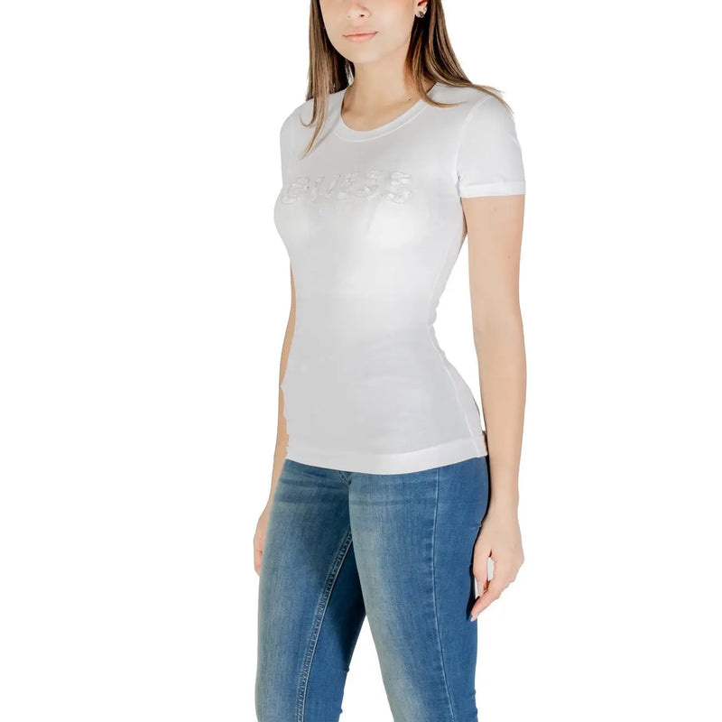 Weiß guess Kurzarm-T-Shirt aus Baumwolle für Damen mit dezentem, glänzendem Logo-Paillettenbesatz auf der Brust