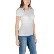 Guess Weißes, kurzärmeliges Baumwoll-T-Shirt für Damen mit dezentem, gesticktem Logo und Paillettenbesatz auf der Brust