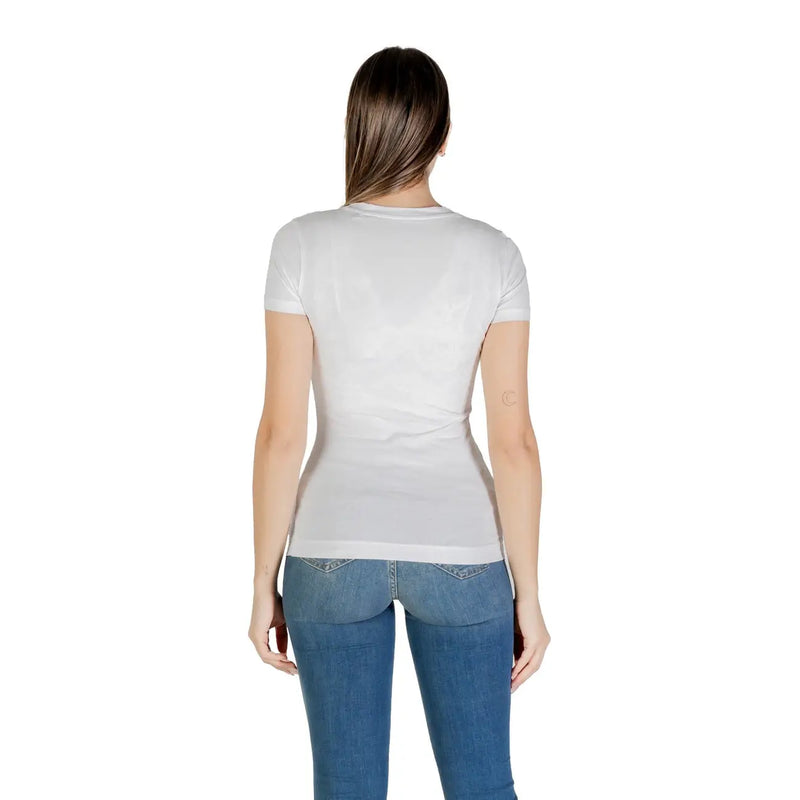 Weißes, kurzärmeliges, tailliertes Baumwollhemd t-shirt mit Logo-Paillettendetails von Guess Damenkollektion