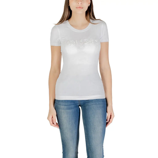 White Guess women cotton short sleeve t shirt with round neckline and raised silver logo lettering on the chest