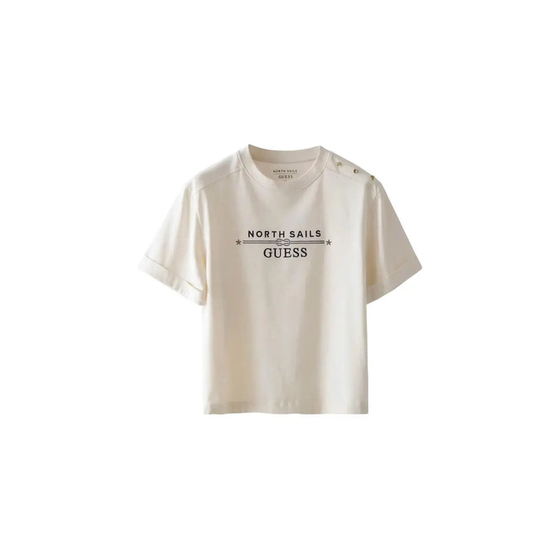 Cream-colored Guess women cotton t shirt with short sleeves and black north sails logo and star accents on chest