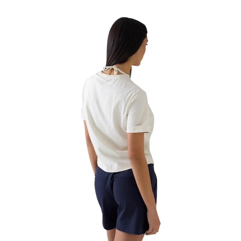 Guess women white cotton short sleeve t shirt with round neck and tie-back neckline shown from the back side