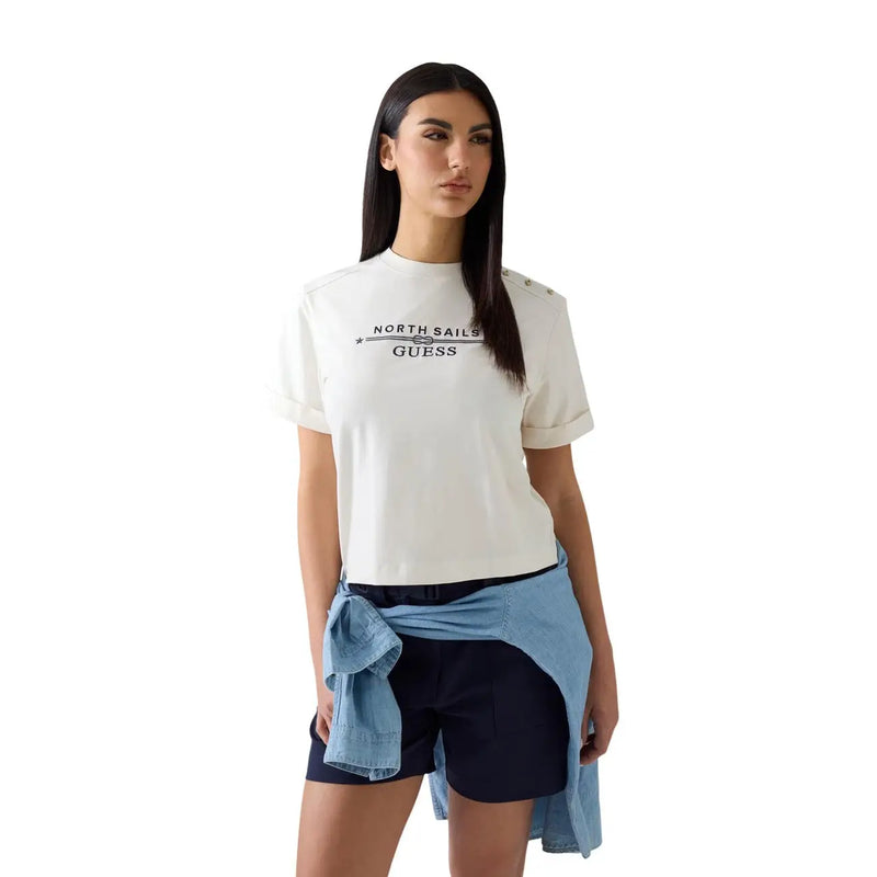 Guess women white cotton t shirt with short sleeves and north sails guess logo printed in black on the chest