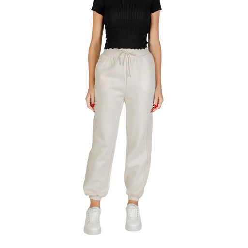 Cream Guess women white faux leather joggers with drawstring waist and elastic cuffs