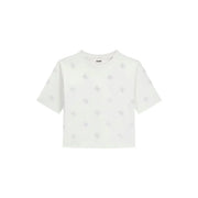 Guess women white cotton rhinestone silvy cropped t shirt with subtle silver glittery patterns and round neck