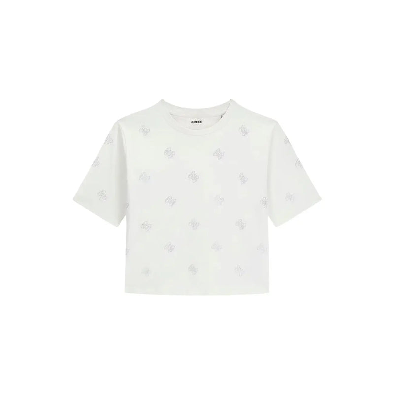 Guess women white cotton rhinestone silvy cropped t shirt with subtle silver glittery patterns and round neck
