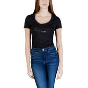 Black Guess women short sleeve t-shirt in soft cotton with sparkling Guess est 1981 logo and scoop neckline