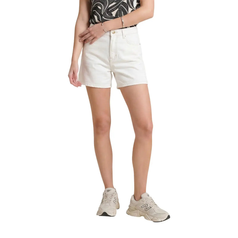 Guess women white cotton high-rise denim shorts with classic five-pocket design and gold-tone hardware