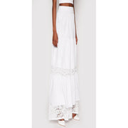 Guess women white cotton tiered maxi skirt with delicate lace trim at hem and waistband for spring summer wear