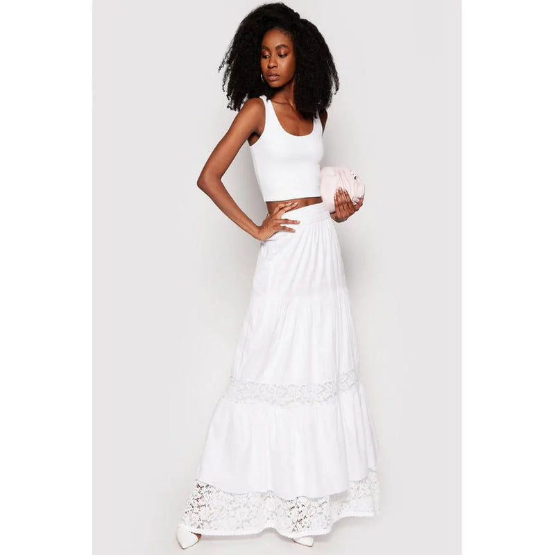 Guess women white cotton tiered maxi skirt with delicate lace trim at hem and waistband for spring summer wear