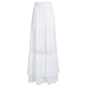 Guess women white cotton skirt featuring a flowing tiered maxi design with delicate lace trim on hem and waistband