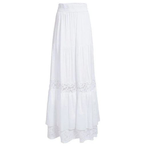 Guess Weißer Damen-Baumwollrock mit fließendem, gestuftem Maxi-Schnitt und zarter Spitzenborte an Saum und Bund