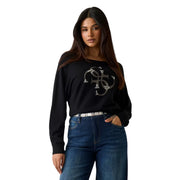 Guess Schwarzes Damen-Langarm-Sweatshirt mit silbernem Logo-Aufdruck auf der Brust aus Viskose-Mischgewebe.