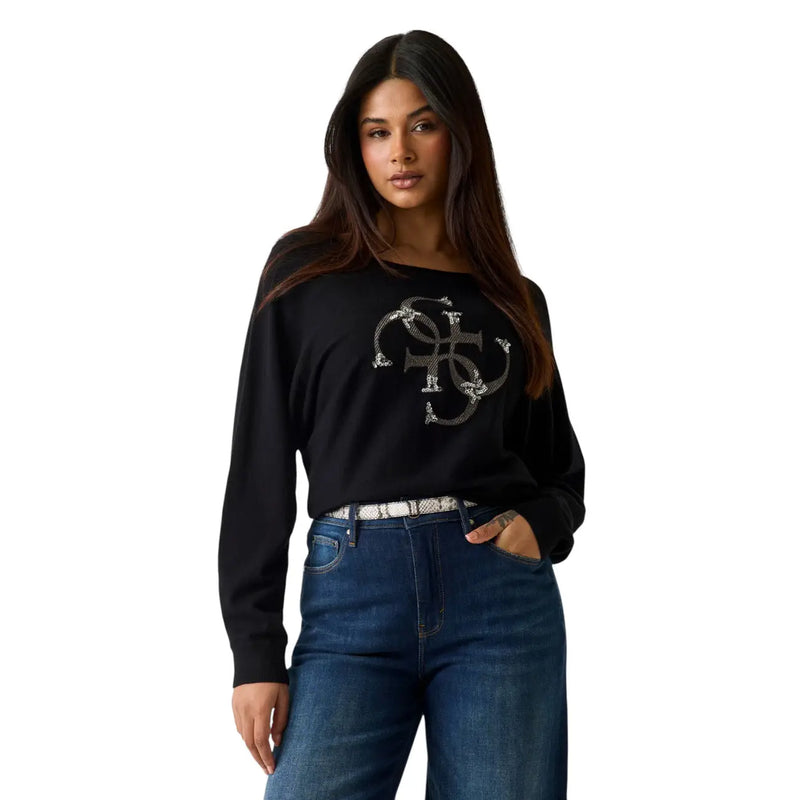 Guess Schwarzes Damen-Langarm-Sweatshirt mit silbernem Logo-Aufdruck auf der Brust aus Viskose-Mischgewebe.