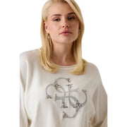 cremefarben guess Oversize-Strickpullover für Damen mit silberner Monogrammstickerei und Strasssteinen aus Viskosemischung