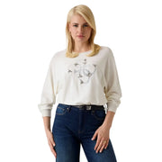 Guess Weißer Damen-Strickpullover im Fledermausärmel-Stil aus Viskosemischung, cremefarben, mit langen Ärmeln und silbernem Paillettenbesatz auf der Brust