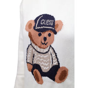 Guess Weißer Damenstrickpullover aus Viskosemischung mit gestricktem Teddybär mit marineblauer Mütze und beigem Pullover