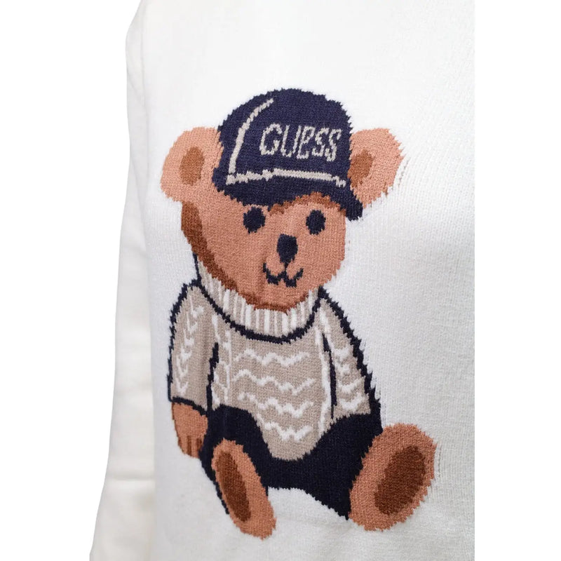 Guess Weißer Damenstrickpullover aus Viskosemischung mit gestricktem Teddybär mit marineblauer Mütze und beigem Pullover