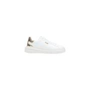 Guess women white leather sneakers slip on with gold glitter heel tab and matching brand logo on the side