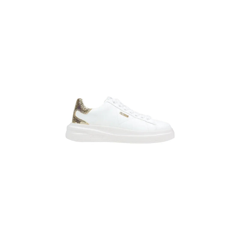 Guess women white leather sneakers slip on with gold glitter heel tab and matching brand logo on the side