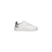 Guess women white leather low-top sneaker with silver glitter heel accent and subtle Guess logo slip-on design