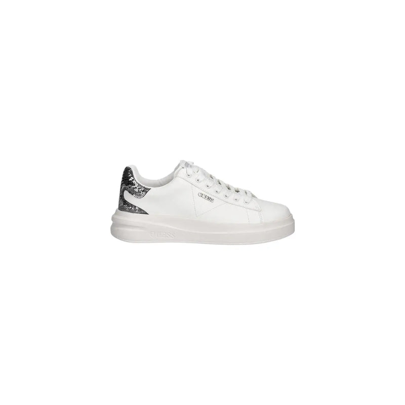 Guess women white leather low-top sneaker with silver glitter heel accent and subtle Guess logo slip-on design