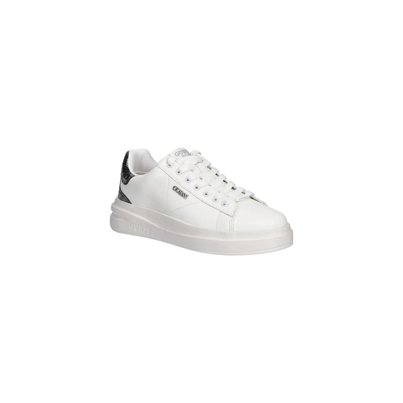 White Guess women leather slip on sneakers with sleek minimalist design and black glitter accents on heel and tongue