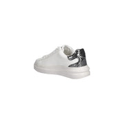 Guess women white leather slip on sneakers with silver sequined heel tab for sporty casual wear back view