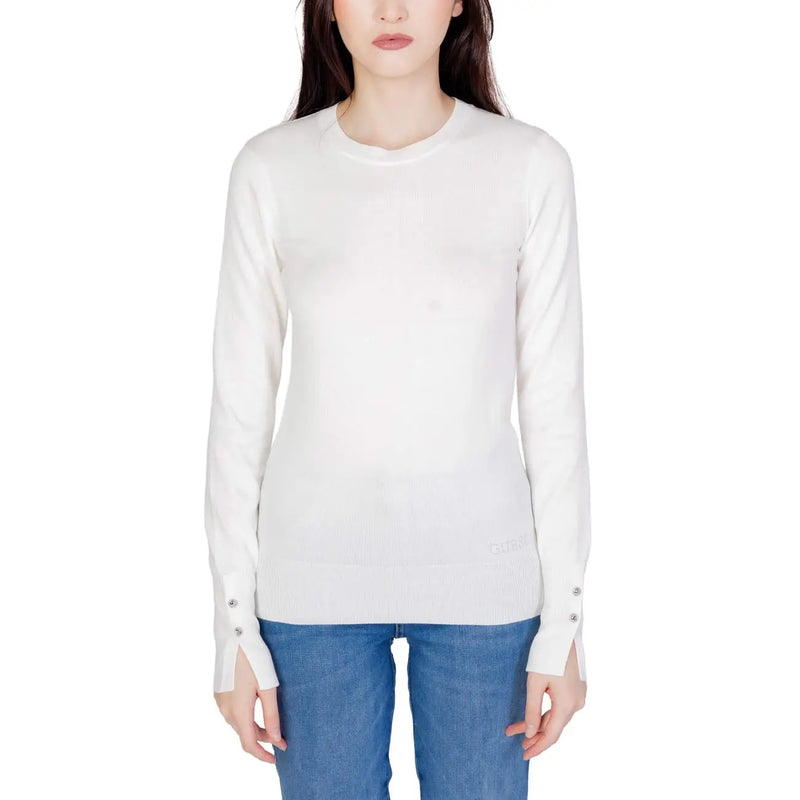 Guess women white long cotton knitwear featuring long sleeves with subtle ribbed cuffs and button details for fall winter