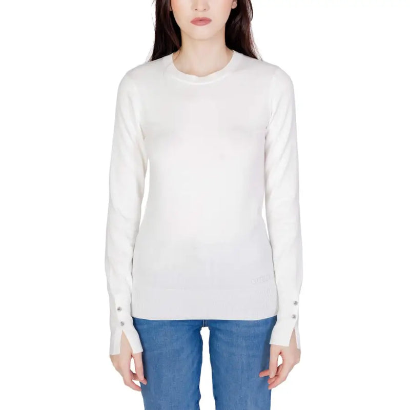 Guess Weißer, langer Damen-Baumwollstrickpullover mit gerippten Bündchen und Knöpfen