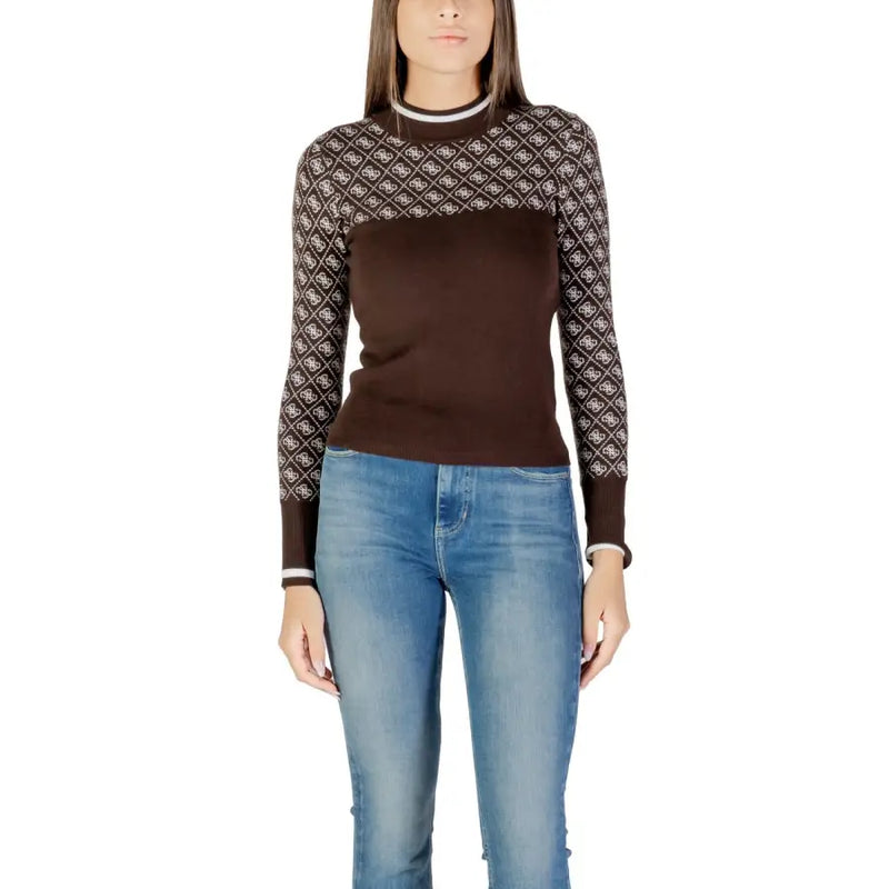 Women’s brown patterned long-sleeve sweater with mock neck from Guess Women White Long Print Knitwear Fall Winter
