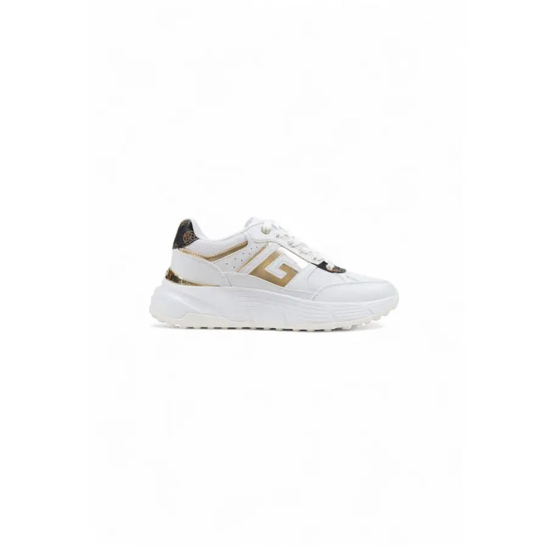 Guess women white platform sneakers with chunky sole leather upper and gold metallic branding for fall winter use