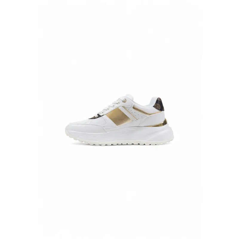 Guess women white platform sneakers with leather upper and gold metallic stripes featuring a chunky sole