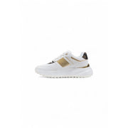 Guess women white platform sneakers with leather upper and gold metallic stripes featuring a chunky sole