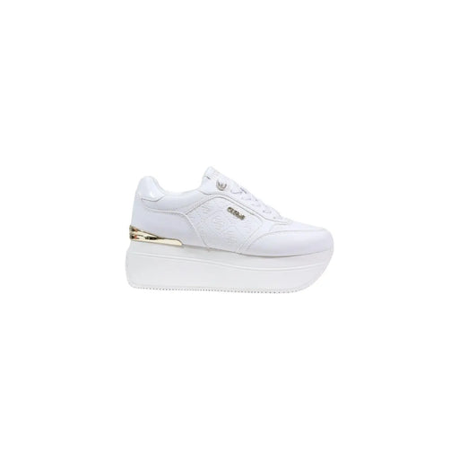 Guess women white platform sneakers with gold metallic heel accent and subtle embossed branding spring summer collection