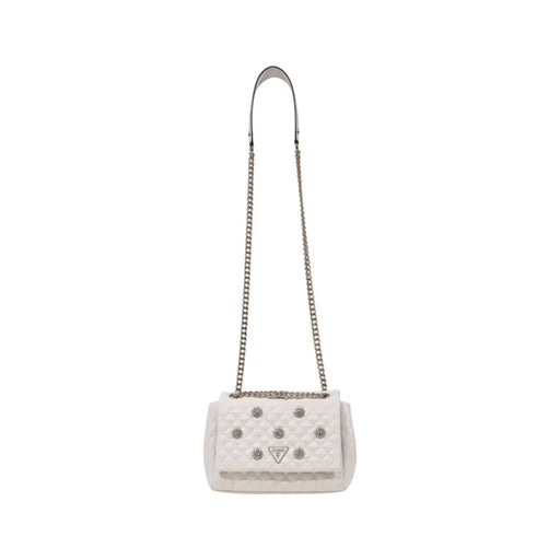 White quilted shoulder bag with silver chain strap and studded embellishments for Guess Women