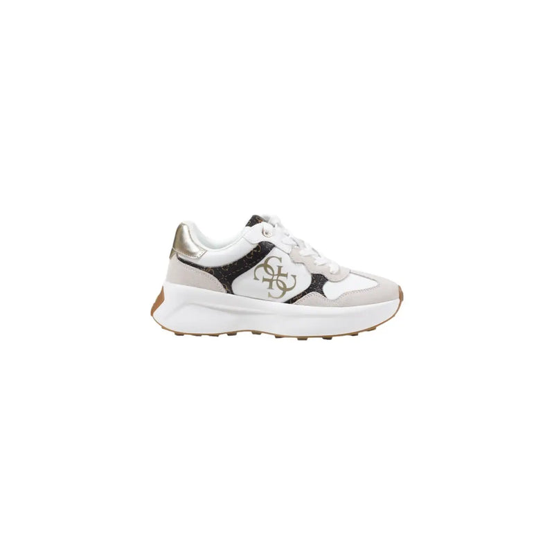 Guess women white polyurethane fashion sneakers with black and metallic gold accents and a chunky sole featuring the logo