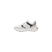 Guess women white polyurethane fashion sneakers with black accents, chunky white sole, gold heel tab, and brown outsole