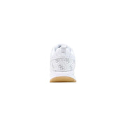 Back view of white polyurethane Guess women sneakers Evory with subtle silver logo pattern on the heel
